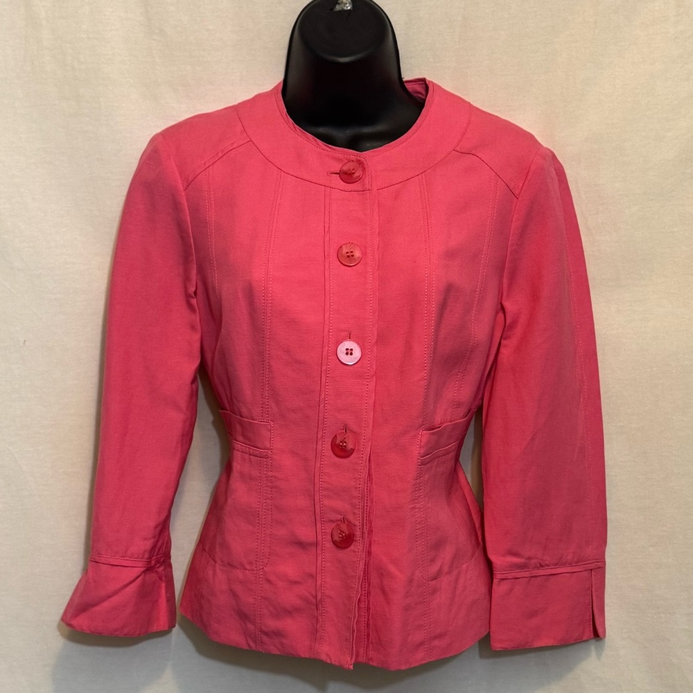B-122 Kasper Pink Linen Blend 1/2 Sleeve Lined Blazer Suit Jacket Size 4